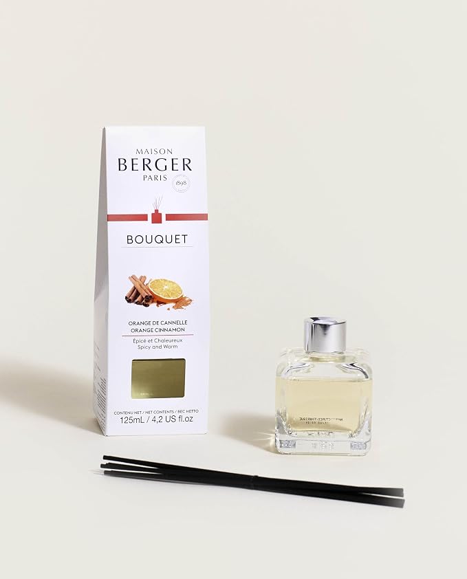 MAISON BERGER Reed Diffuser Bouquet, 100 ml, Orange Cinnamon | Clear Glass Bottle, 8 Reed Sticks, 100 ml Refill, Up to 6-Week Passive Diffusion, No Flame, Made in France