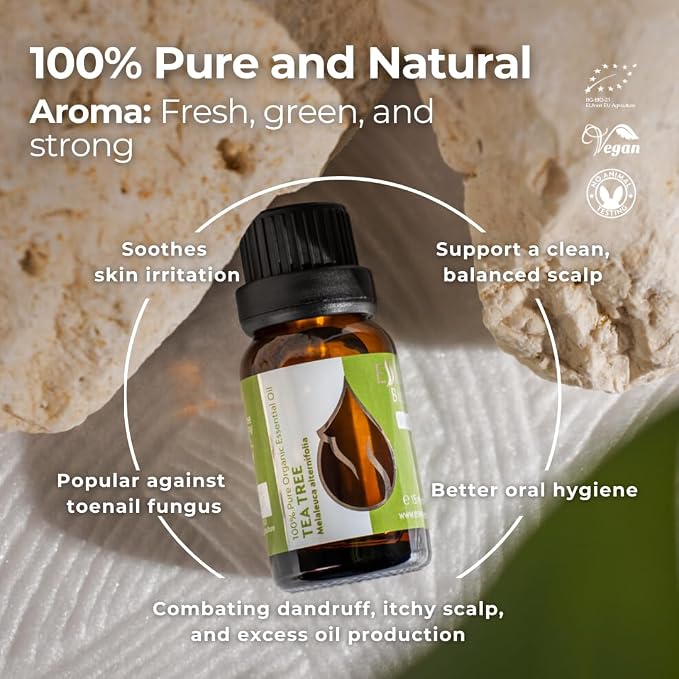 Essences Bulgaria Organic Tea Tree Essential Oil 0.51Fl Oz 15ml Melaleuca Alternifolia - 100% Pure and Natural Undiluted for Toenail Fungus, Dandruff Itchy Scalp Acne Skincare Aromatherapy Diffuser
