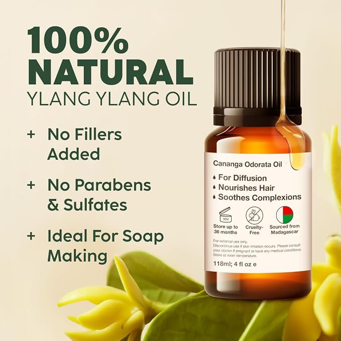 100% Pure Ylang Ylang Oil - 0.34 Fl Oz Ylang Ylang Essential Oil for Hair, Skin, Diffuser, Aromatherapy & DIY Soap Making Scent
