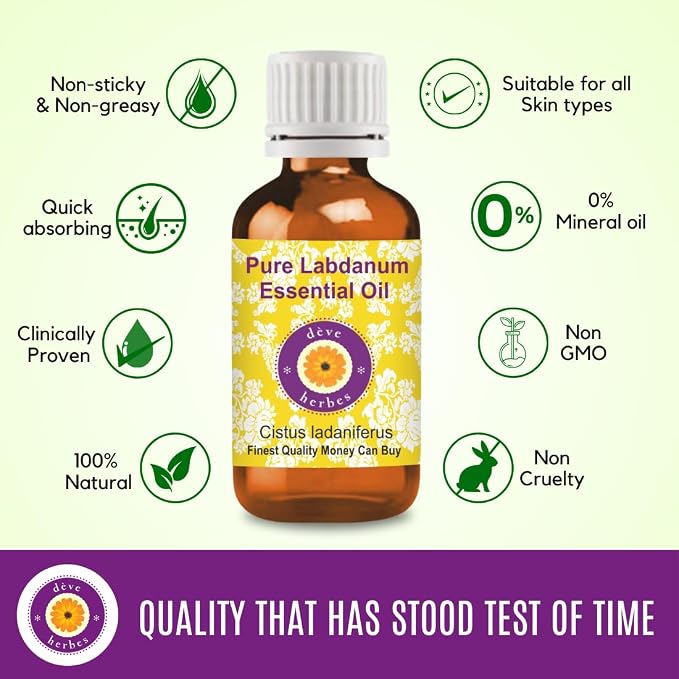 Deve Herbes Pure Labdanum Essential Oil (Cistus ladaniferus) Steam Distilled 100ml (3.38 oz)
