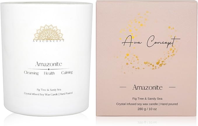 Amazonite Crystal Candle – 10oz / 280g Fig Tree & Sandy Sea Aromatherapy Hand-Poured Soy Wax Genuine Amazonite Healing Crystals Embedded Cleansing, Health & Calming Gift Box Included