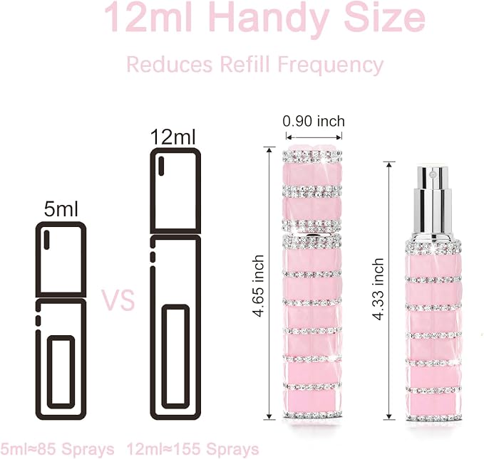 Travel Perfume Atomizer Refillable Bottle, 12ml Rhinestone Mini Perfume Bottles Empty Refillable Travel Atomizer Sprayer with Funnel (1Pc-Pink)