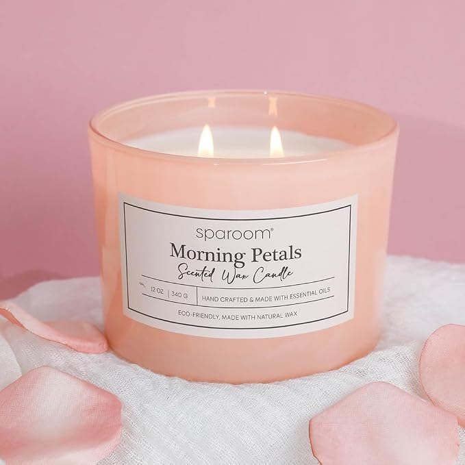 Sparoom Candle Morning Petals Scented 2 Wick Candle, 12 oz Long Lasting Non Toxic Clean Burn, Color Glass with Wooden Lid