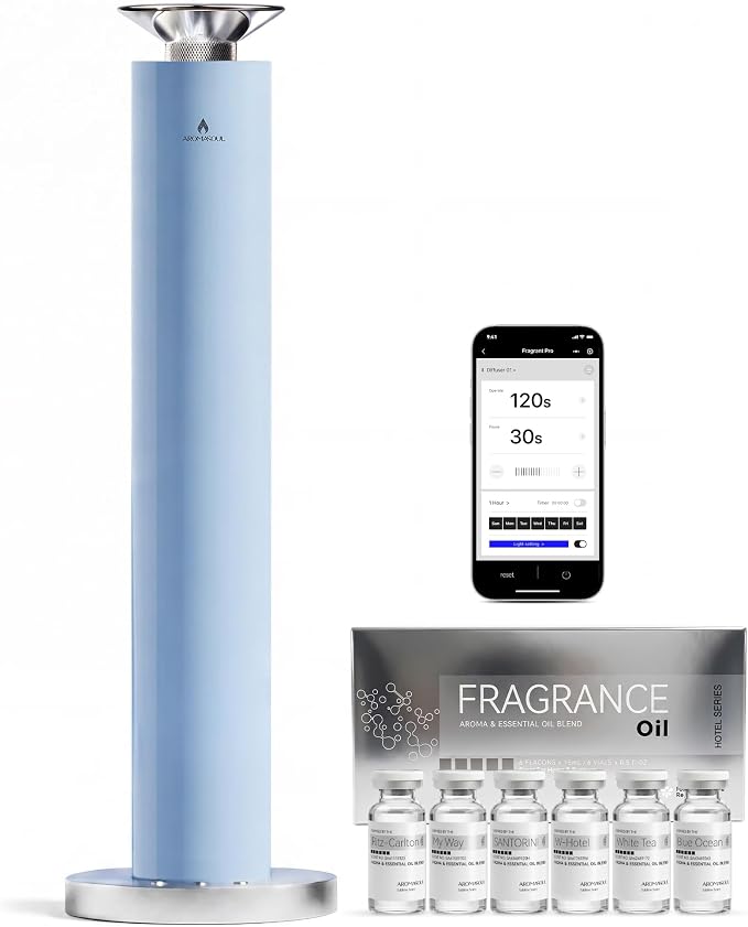 Wireless Rechargeable Hotel Scent Diffuser Kit - 1500 Sq Ft Coverage, Alloy Atomization System,App Control,Waterless Oil Diffuser, Including 6×15ml Essential Oils, for Home,Large Room,Spa, Pastel Blue