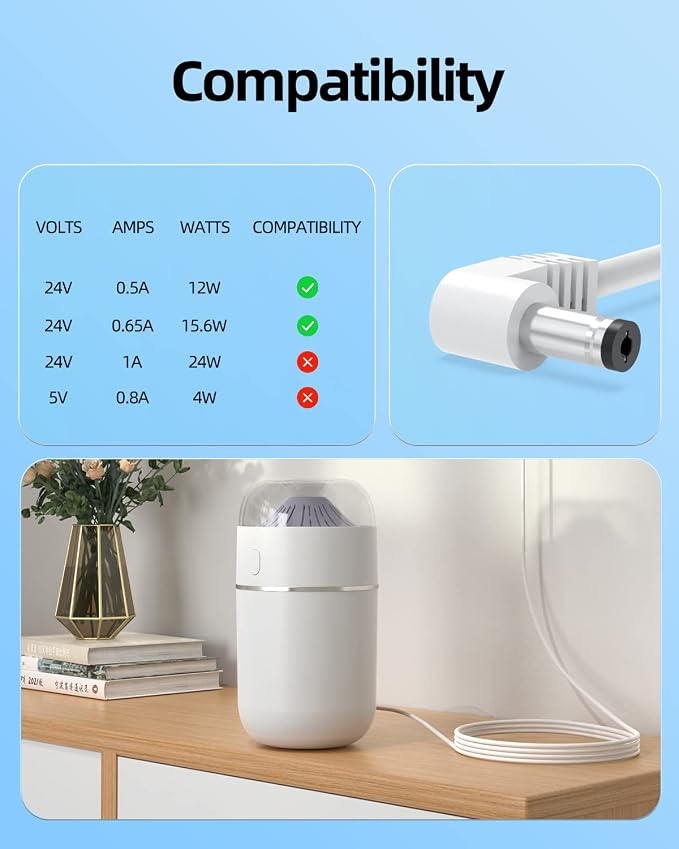 Superer 24V Power Cord Fit for Essential Oil Diffuser Aroma Humidifier Diffuser Young Living, doTERRA, InnoGear, Aromatherapy, ASAKUKI Replacement Charger Supply Adapter (UL Listed)
