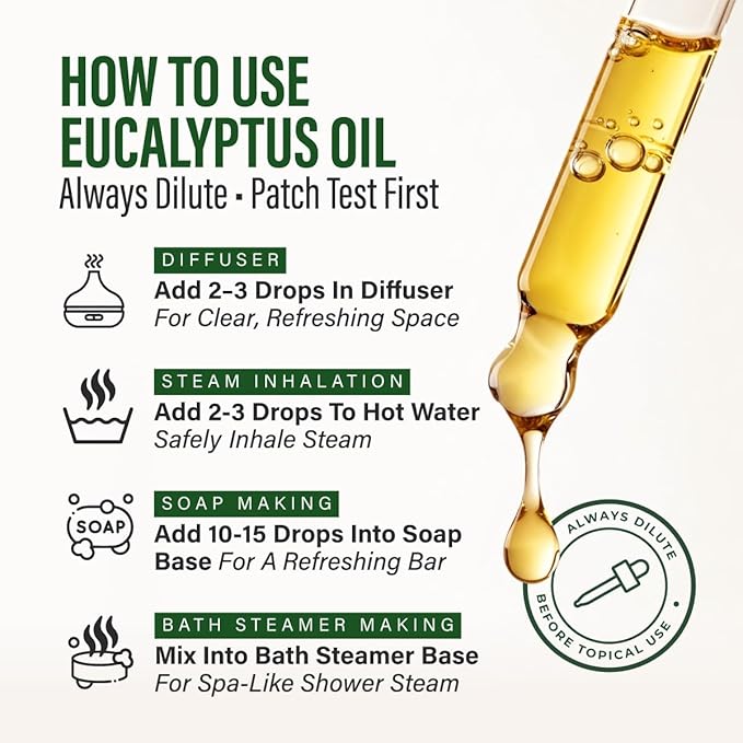 100% Pure Eucalyptus Oil - 4 Fl Oz Eucalyptus Essential Oil for Hair, Skin, Diffuser, Aromatherapy & DIY Soap Making Scent