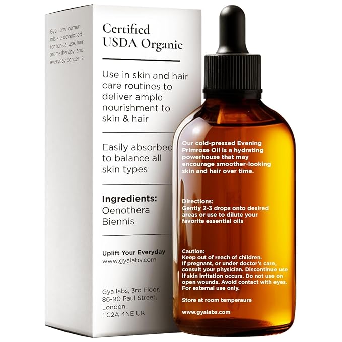 Gya Labs USDA Organic Evening Primrose Oil - 3.4 Fl Oz - Carrier Oil for Hair, Skin, Face, Scalp & Body Massage