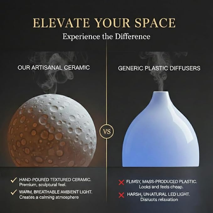Moonlight Zen 200ml Ceramic Essential Oil Diffuser – Ultrasonic Aromatherapy Moon Lamp with 6H Mist, 3-Timer Settings, Auto-Shutoff & Amber LED Glow – Artisanal Lunar Decor for Home, Office & Spa