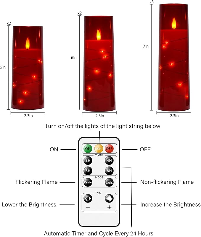 Eebuss Flameless Candles with Embedded Star String, Battery Operated LED Pillar Candles with Timer and Remote Control,Home Decorating for Ambiance， Set of 7 (Red)