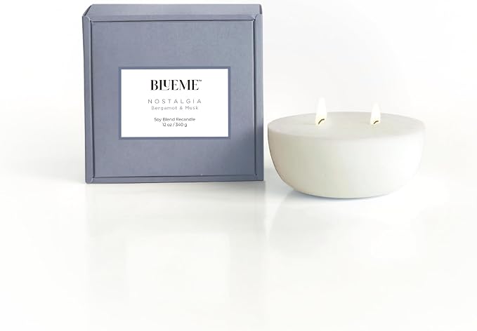 Blueme Nostalgia Candle Refill | Bergamot & Musk | 2 Wick - Contains Essential Oil, Sustainable, Hand Finished, Hand Poured, Luxury Refill, Natural Cotton Wick, Soy-Wax Blend | Medium 12 oz