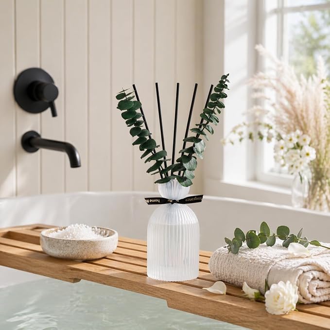 Airkeep Reed Diffuser Set 6.76 oz – White Flower Decorative Home Fragrance with Eucalyptus Sticks, Ribbed Glass Diffuser for Bathroom & Bedroom Décor, Gift Ready