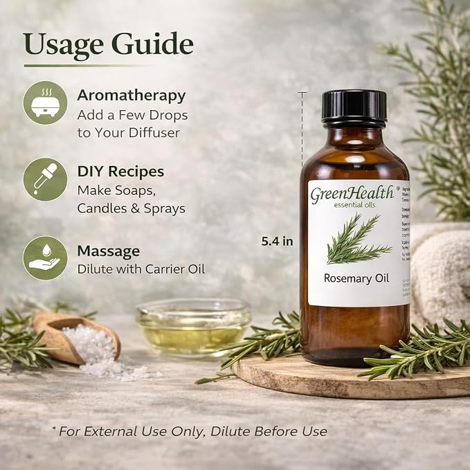 GreenHealth Rosemary Essential Oil 4 fl oz – 100% Pure & Natural – Undiluted Steam Distilled Aromatherapy Oil – Amber Glass Bottle for Diffuser, Candle Making, DIY & Home Fragrance