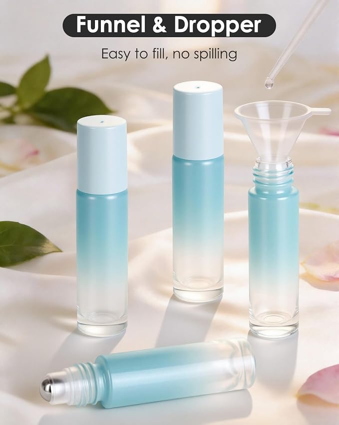 Worldgsb 25 Pack Essential Oil Roller Bottles, 10ml Refillable Glass Roller Bottles with Stainless Steel Roller Balls and Caps for Travel, Perfume and Lip Gloss Blue Gradient