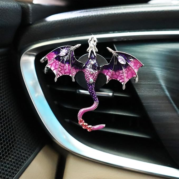 ORIESSE Bling Wyvern Car Air Freshener Vent Clips,2pcs Alloy Purple Enamel Dragon Vent Clips Car Accessories,Refillable Car Diffuser with Felt Mads,Coffee Fragrance Tablets