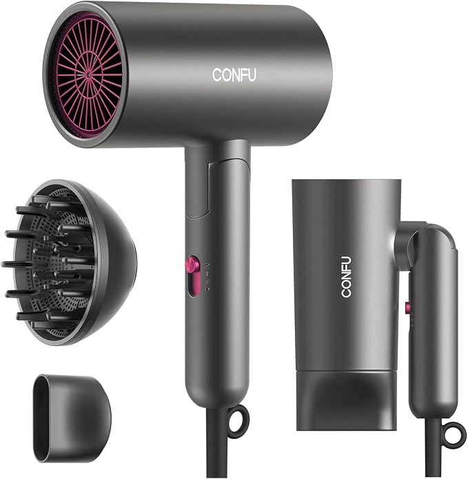 CONFU Diffuser Hair Dryer for Curly Hair,1500W Fast Drying Blow Dryer with Diffuser for Women,Compact & Portable Negative Ion Hairdryer,Mini and Foldable Blowdryer Design for Travel(Gray)