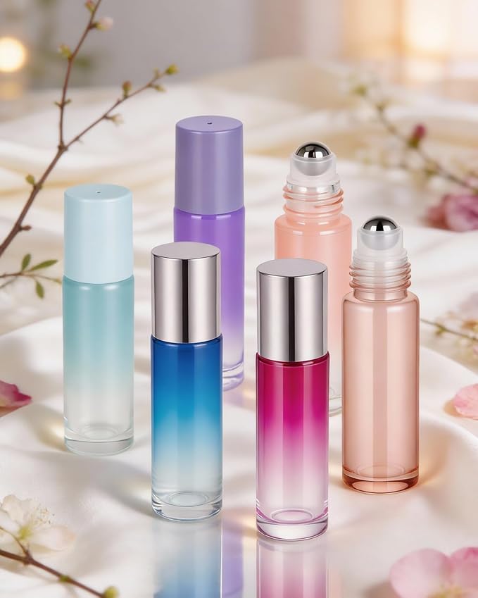 Worldgsb 12 Pack Essential Oil Roller Bottles, 10ml Refillable Glass Roller Bottles with Stainless Steel Roller Balls and Caps for Travel, Perfume and Lip Gloss Blue-Red Gradient
