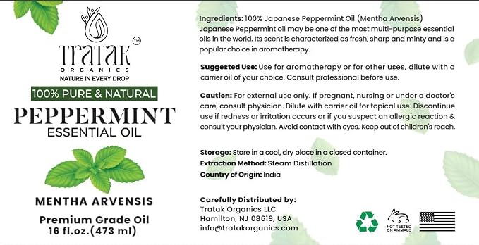 Peppermint Essential Oil - 100% Pure and Natural Oil with Premium Dropper - Undiluted Essential Oil for Aromatherapy, Diffuser, Hair Care, Skin Massage and DIY's - Huge 16 Oz