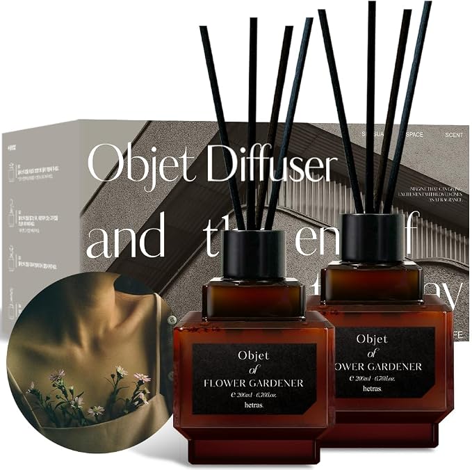 hetras Objet Diffuser Set (Flower Gardener Scent)–Decorative Aesthetic Home Fragrance | 2-Pack (6.7 fl.oz Each) with 8 Reed Sticks | Fresh Green Floral & Dewy Garden Aroma | Minimalist Decor & Gift