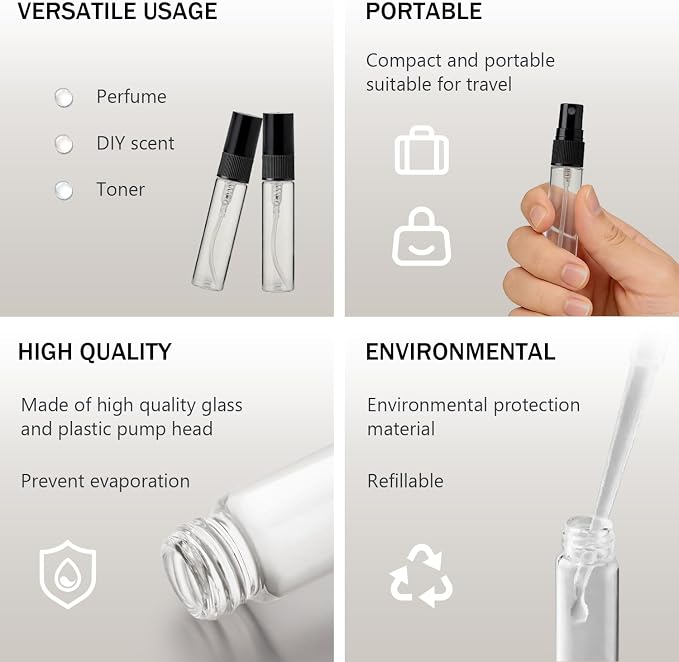 Elfenstall- 25PCS Clear Glass 5ml 1/6oz Spray Bottle Perfume Fragrance Scent Vials Black Fine mist Atomizer Refillable Sprayer Portable Liquid Container Free 2pcs 3ml Dropper