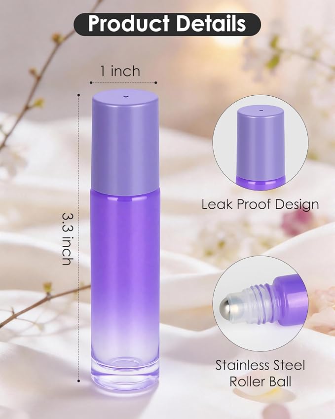 Worldgsb 4 Pack Essential Oil Roller Bottles, 10ml Refillable Glass Roller Bottles with Stainless Steel Roller Balls and Caps for Travel, Perfume and Lip Gloss Purple Gradient