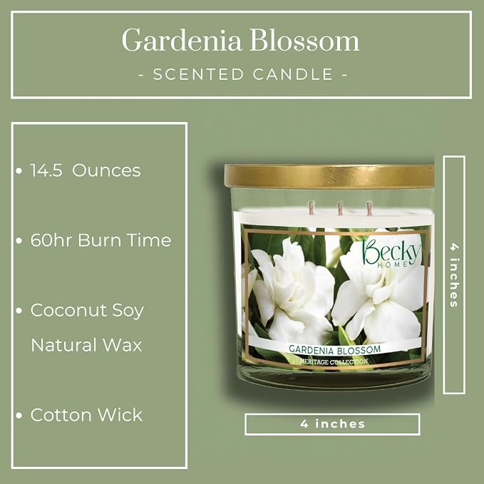 Gardenia Blossom 3 Wick Candle, 14.5oz, Large, Traditional, White, Glass Jar, 4" H x 4" D, 60+ Hour Burn Time, Indoor Use, 1 Count