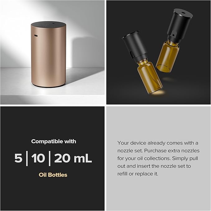 Airversa Waterless Essential Oil Diffuser Starter Kit with 30mL Santal Lux Fragrance Oil Inspired by Luxury Hotel Scent for Home Car Office, Aroma Air Diffuser, Baterry Operated, ADX-Kit Metal Black