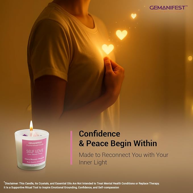 Self Love Manifestation Candle, Cherry Blossom & Magnolia Scented Soy Candle with Rose Quartz & Amethyst, Valentine's Gift for Her/Him, Women's Wellness & Spiritual Healing