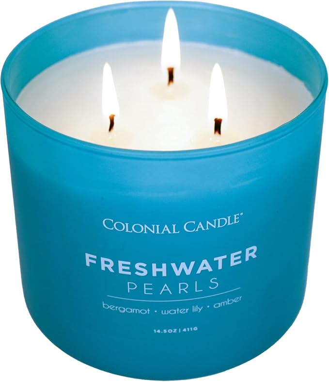 Colonial Candle Freshwater Pearls Scented Jar Candle, Pop of Color Collection, 3 Wick, 14.5 oz - Up to 60 Hours Burn