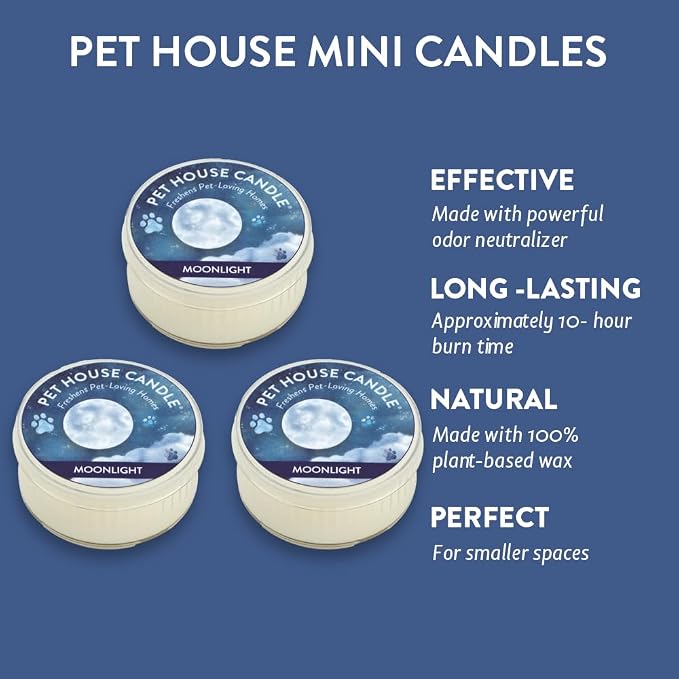 Pet House Mini Candles for Pet Odor Made with Natural Soy Wax, Plant Based, Dog and Cat Friendly Scented Candles, Moonlight Pack of 3
