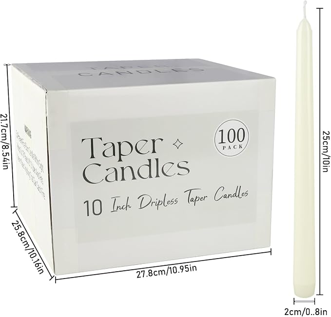 YOROXRG 100Pack Ivory Taper Candles, 7-8 Hours Burn Time, Unscented, Smokeless and Dripless, 0.75 x 10 Inch Dinner Candle Set for Household, Wedding, Party and Home Décor Candlesticks
