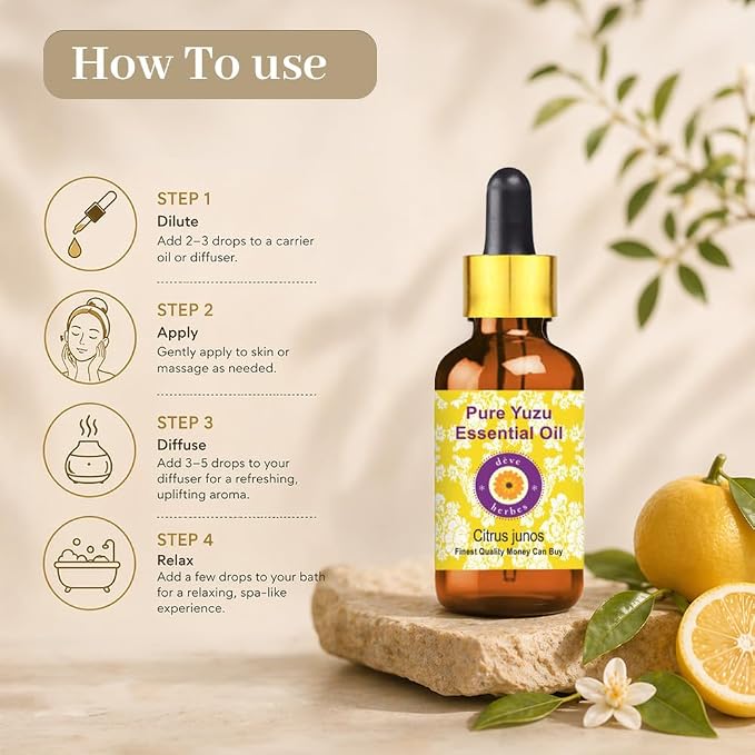 Deve Herbes Pure Yuzu Essential Oil (Citrus Junos) with Glass Dropper |Non-Sticky | Non-Greasy | Lightweight | Men & Women | All Skin Types | Steam Distilled 10ml (0.33 oz)