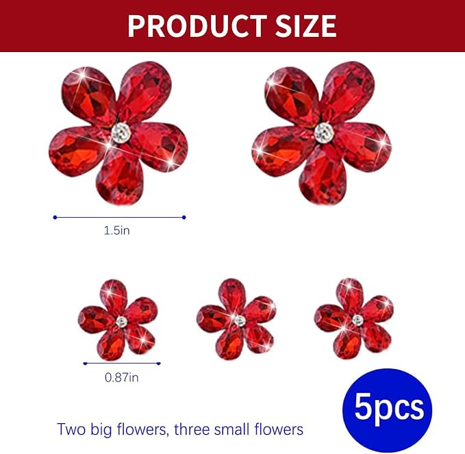 Bling Daisy Flower Car Air Vent Clips, 5PCS Sparkling Crystal Rhinestone Cute Vehicle Air Conditioning Clamp, Diamond Auto Air Outlet Clip Decor for Women Girls (Red)