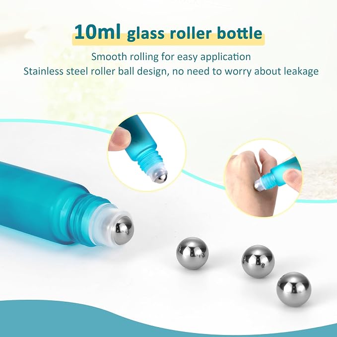 Glass Roller on Bottle, 10ml Refillable Essential Oil Bottle with Stianless Steel Ball, Pack of 10 (Light blue)