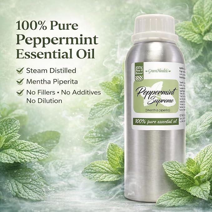 Peppermint Essential Oil – 100% Pure Mentha Piperita – GreenHealth – 8 fl oz (237 ml) Aluminum Bottle with Plug Cap – Aromatherapy, Diffusers, DIY, Candles, Fresh Home Scent