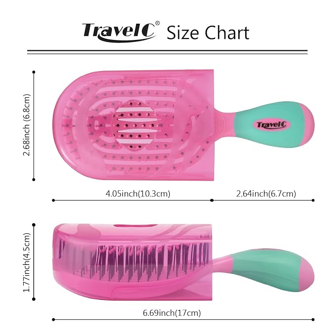 NuWay® TravelC® Detangling Hair Brush Set (2 Brushes) – Mix-n-Match Travel Case Colors, Patented Curved Vented Design with Protective Case for Wet or Dry Hair (Pink & Teal)
