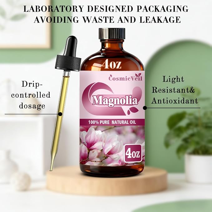 Magnolia Essential Oil Magnolia Oil for Aroma Diffuser,Humidifier,Home Fragrance,Cleaning,Body Care,Massage,Yoga,DIY Candle,DIY Soap CosmicVeil（Magnolia，4 Fl Oz (Pack of 1)）