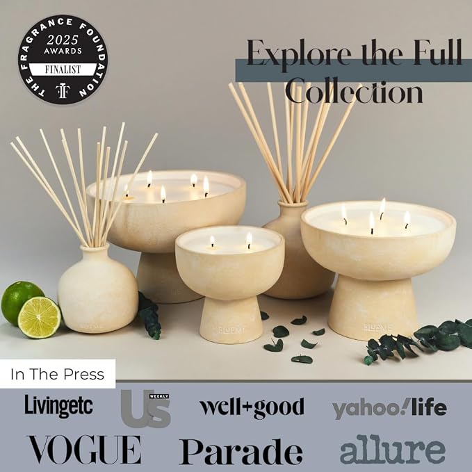 Blueme Focus Candle | Eucalyptus & Lime | 2 Wick - Refillable Wellness Candle with Essential Oils, Hand Finished & Poured Soy Wax Blend Ceramic Vessel, Natural Cotton Wicks | Medium 12 oz