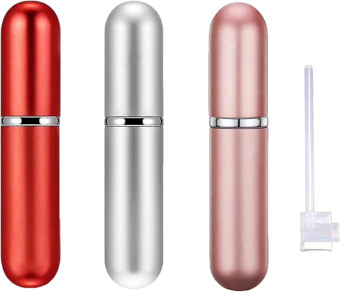 5ml Perfume Bottle Set, Portable Travel Refillable Perfume Atomiser, Mini Spray Bottles (3+1 Pcs) - Pink, Red, Silver with Separated Tool