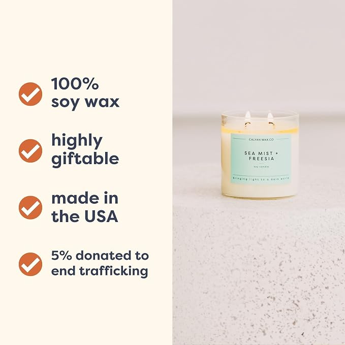Calyan Wax Co. Sea Mist & Freesia 2 Wick Scented Candle - 37 Hour Burn - Luxury Clean Soy Wax Candles - Long Lasting Large Glass Jar Candle for Home - 8.8oz