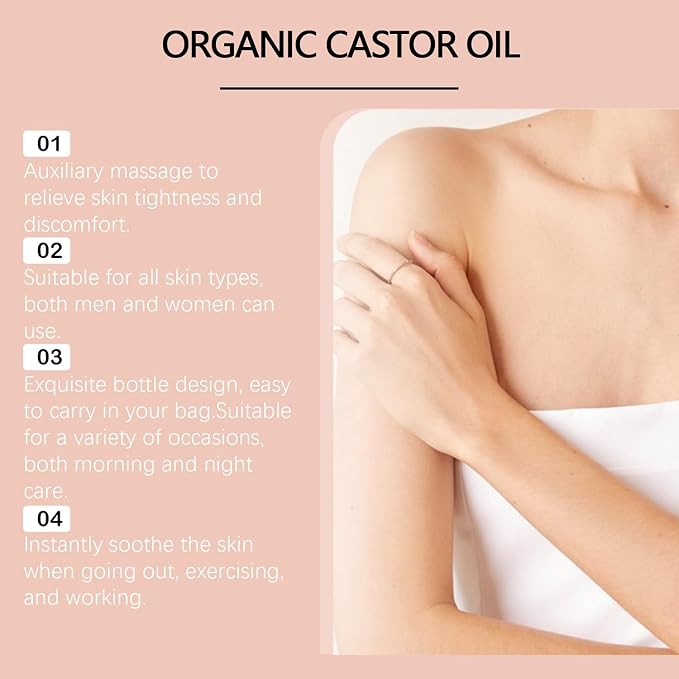 2PC Organic Castor Oil Roll On with Rose Quartz Roller, 100% Pure Cold-Pressed Castor Oil Rose Quartz Roller Ball for Hair Growth, Eyelashes & Eyebrows, Moisturizes Skin, Hexane-Free(50ml)
