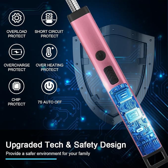 SUPRUS Rechargeable Candle Lighter Electric Arc Triple Safety Long Lighter Stainless Steel Shell & Hanging Hook (Pink)
