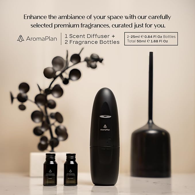 AromaPlan 5 Star Collection Plug in Diffuser (2 Fragrances Included)-Cold Air & Waterless Diffusers for Home & Office- Silent Wall Diffuser Plug in, Bluetooth App Control, 500 sq. ft (Black)