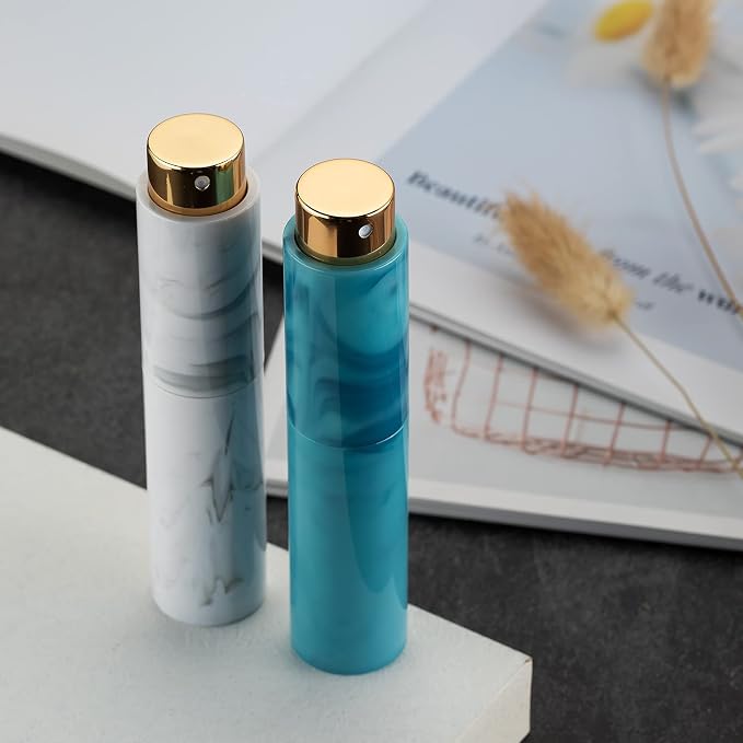 Tekson 10ML Perfume Atomizer Travel (4 PCS), Refillable Cologne Containers, Dispenser Spray Empty Bottle for Mini Sprayer Size (Black&Pink&White&Blue, Marble)