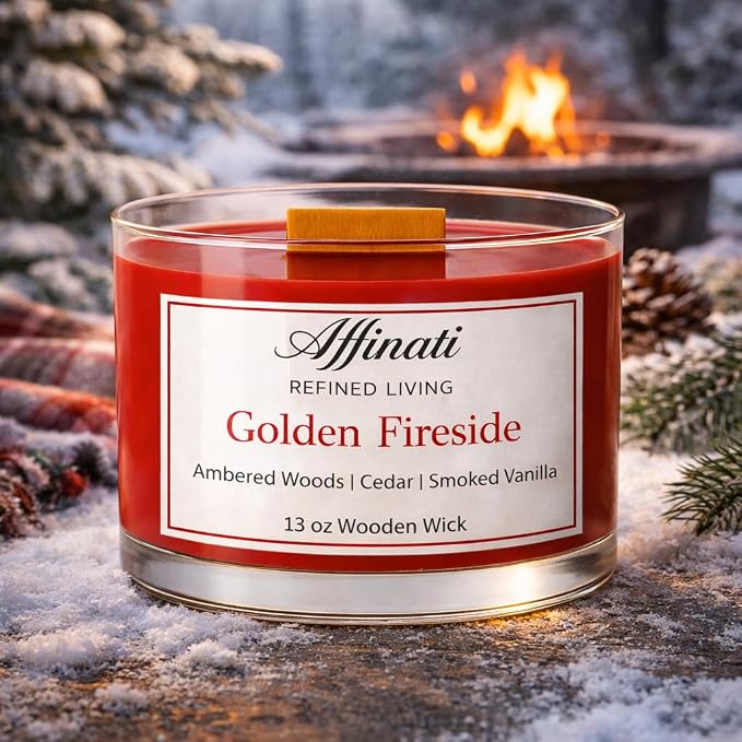 Affinati Golden Fireside Wooden Wick Candle – Luxury Wooden Bowl, 13 oz
