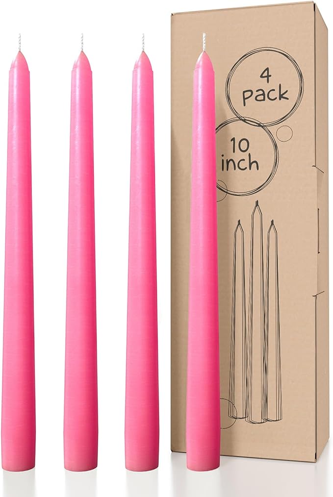 CANDWAX 10 inch Pink Taper Candles Set of 4 - Unscented Smokeless Dripless Tall Candle Sticks - Perfect as Easter Candles and for Holidays, Ordinary Dinners and Special Occasions - Pink Candlesticks