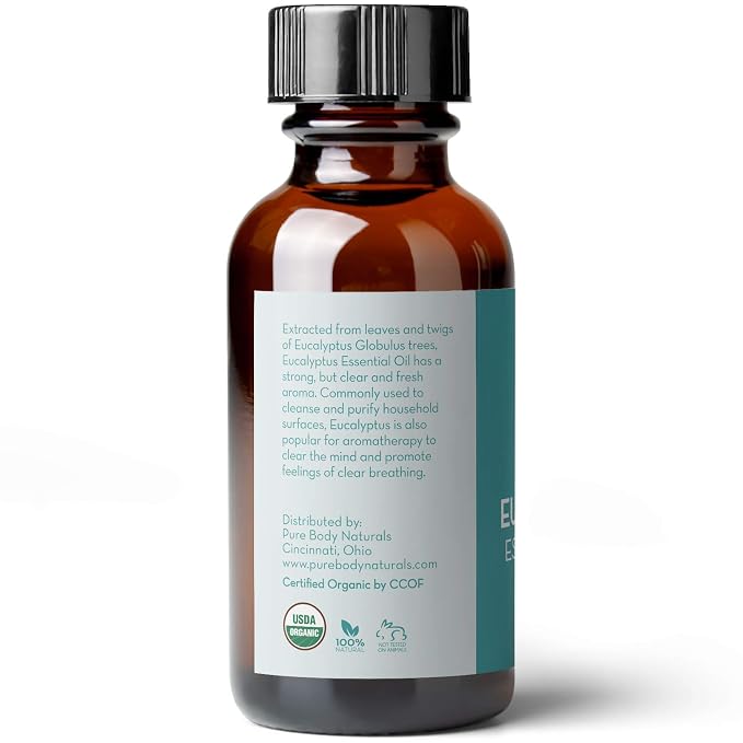 Pure Body Naturals Organic Eucalyptus Essential Oil, 1 fl oz - Pure and Undiluted Therapeutic Grade for Aromatherapy Diffuser, Skin, Hair