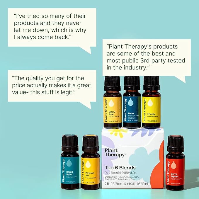 Plant Therapy Essential Oil Blends Set, Top 6 Most Popular, 10 mL (1/3 oz) Each, 100% Pure, Undiluted, Great for Essential Oil Diffusers or Body Care Creations