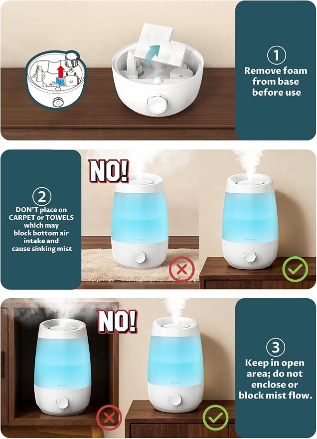 BREEZOME 2.5L Top Fill Humidifiers for Bedroom, 250ml/h Mist Output, 25hrs Humidifiers for Home, 7 Adjustable LED, Essential Oil Diffuser, 25dB Ultrasonic Humidifier for Baby and Indoor Plants, White