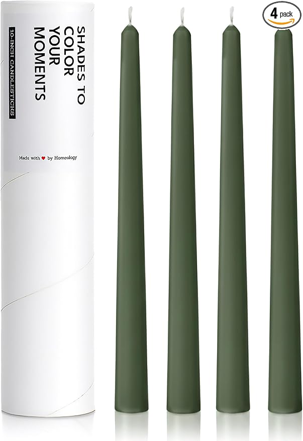 10" Classic Taper Candles, Dark Moss Green, 4-Pack, 7-8 Hours Long Burning, Unscented Tall Candlesticks