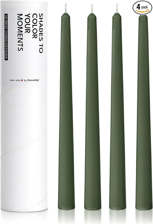 10" Classic Taper Candles, Dark Moss Green, 4-Pack, 7-8 Hours Long Burning, Unscented Tall Candlesticks
